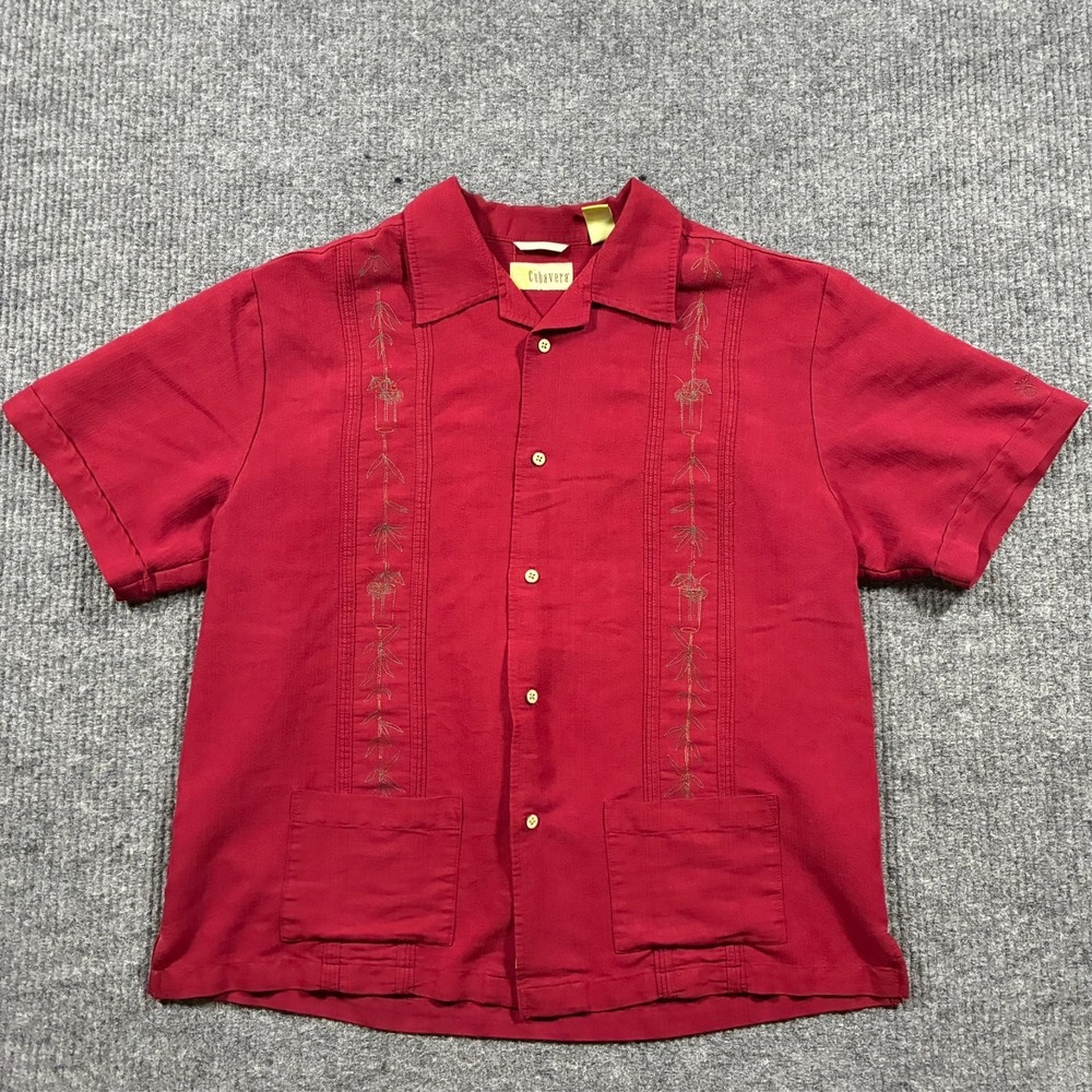 Cubavera Mens Red Embroidered Camp Shirt Size L Short Sleeve Rayon Blend
